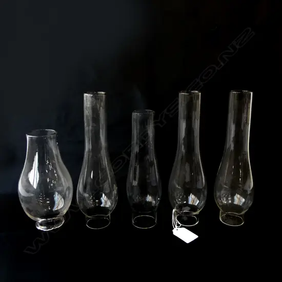FIVE VINTAGE GLASS CHIMNEYS FOR KEROSENE LAMPS, L.150MM – 200MM
