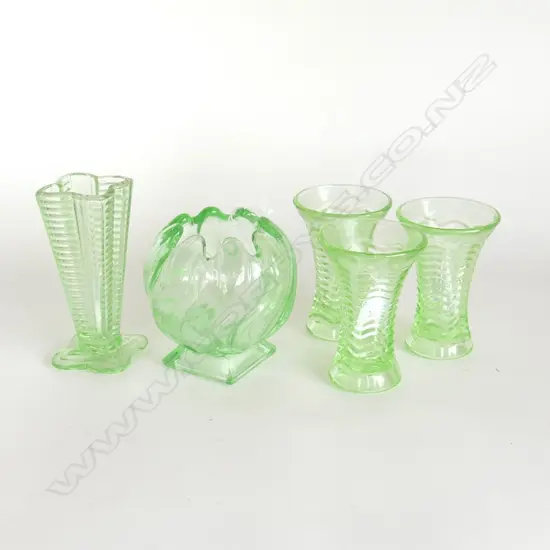 5 ART DECO GREEN DEPRESSION GLASS VASES