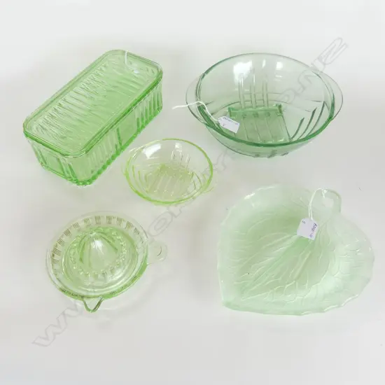 5 PC GREEN DEPRESSION GLASS, 2 BOWLS, LEMON SQUEEZER, LEAF DISH & LONG GLASS CONTAINER