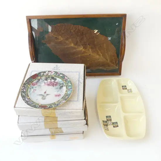 TRAY w. TOBACCO LEAF W.480mm, 5 BOXED COLLECTORS PLATES, CARLTONWARE PLATTER W.355mm small chip