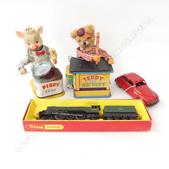 4 VINTAGE TOYS; TEDDY THE ARTIST, PIGGY COOK, CHAD VALLEY RED CAR, TRI-ANG HORNBY FLYING SCOTSMAN TRAIN L.300mm