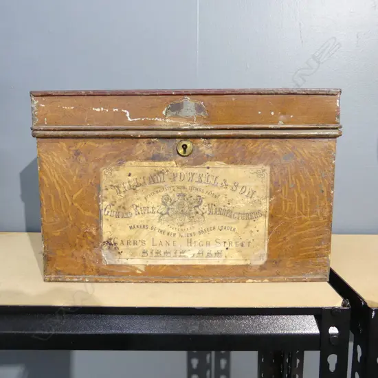 LG ANTIQUE TIN BOX, LABEL - William Powell & Son Gun & Rifle Manufacturers