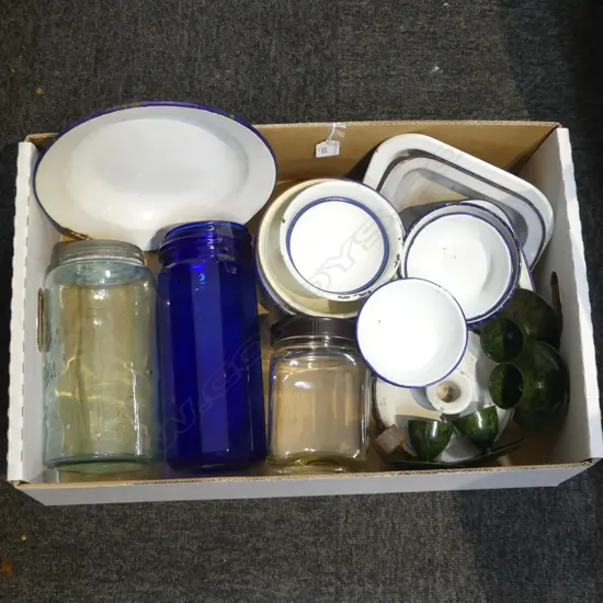 BOX – VINTAGE KITCHEN JARS, ASST. ENAMEL WARE, BAKELITE EGG CUPS