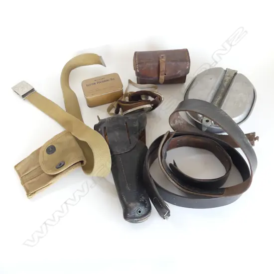 BOX OF MILITARY MESS TIN GOGGLES BELTS LEATHER HOLSTER ETC