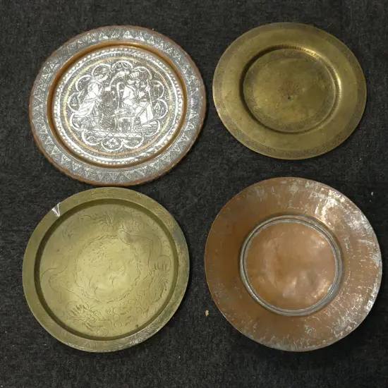 FOUR BRASS & COPPER TRAYS - CHINESE, PERSIAN ETC, D.290MM-340MM