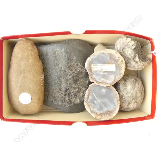 3 PACIFIC ADZES, 2 FOSSILISED COCONUTS (MEXICO)