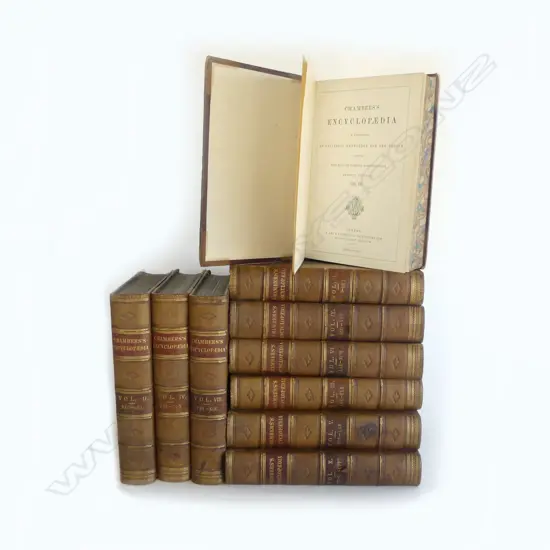 10 VOLUMES VICT LEATHER BOUND BOOKS CHAMBERS ENCYCLOPIDIA