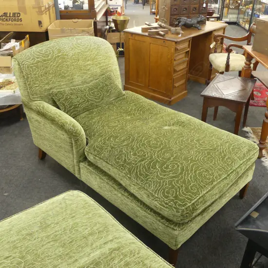 GREEN VELVET CHAISE SOFA 1550x860x900mm BACKREST TO RIGHT SIDE