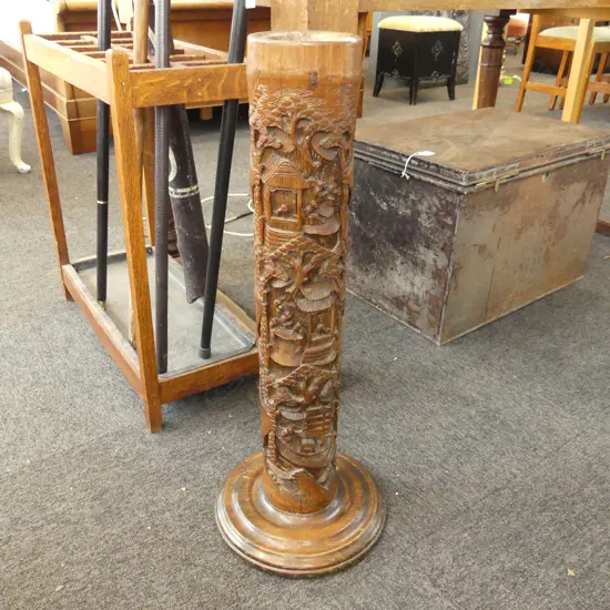 TALL 19C JAPANESE BAMBOO IKEBANA VASE. MEJI PERIOD (base added to use as a stick stand) H.710mm
