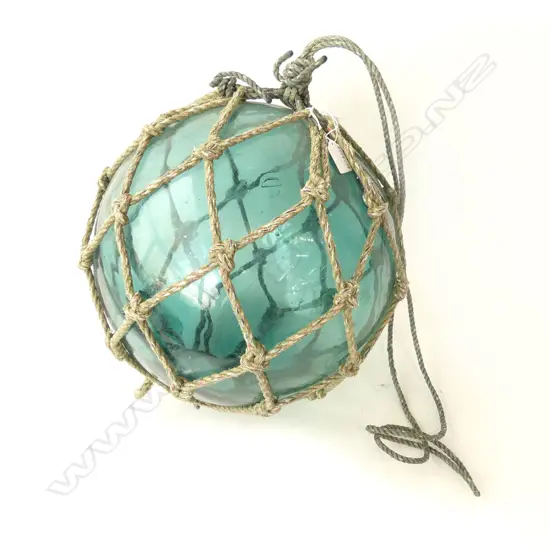 OLD GLASS FISHING FLOAT WITH NETTING hand blown APPROX. Dia.400mm