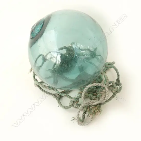 OLD GLASS FISHING FLOAT WITH BROKEN NETTING hand blown APPROX. Dia.290mm