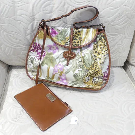 SALVADORE FERRAGAMO PRINTED FABRIC & LEATHER HANDBAG W.370mm w. MATCHING WALLET