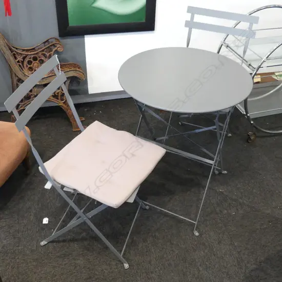 3 PCE METAL PATIO SET; TABLE 600mm dia  & 2 CHAIRS