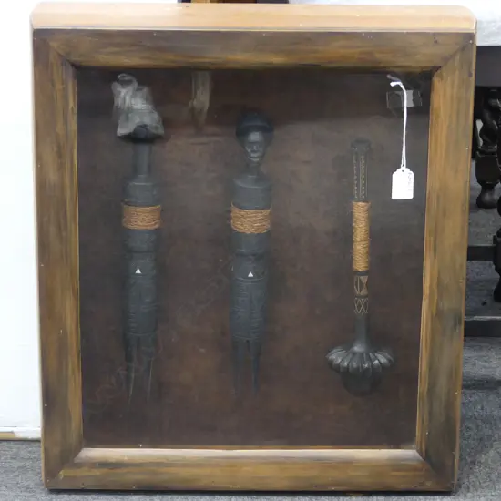 3 CARVED WOODEN TRIBAL TOOLS IN HEAVY DISPLAY CASE 560x500x140mm