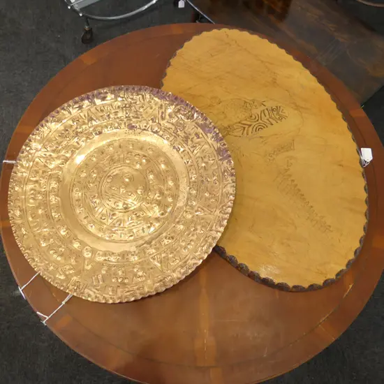 MAORI POKER WORK WOODEN PANEL 455x710mm + INCA STYLE COPPER CHARGER 490mm dia