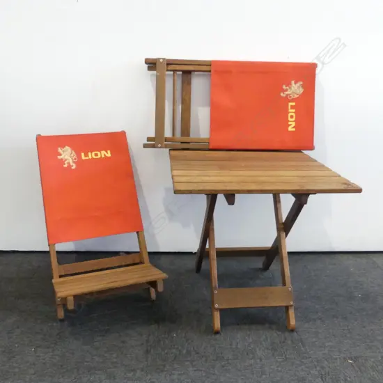 LION RED FOLDING WOODEN TABLE + TWO CHAIRS