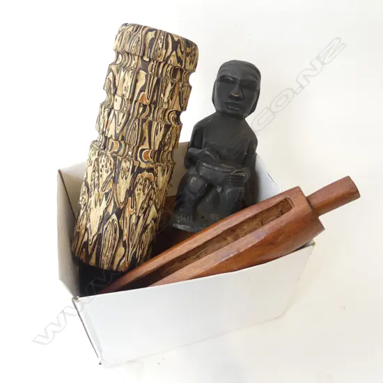 TRIBAL FIGURE, LEATHER BOOKENDS, TWO PACIFIC SLITGONG DRUMS, PONGA VASE 