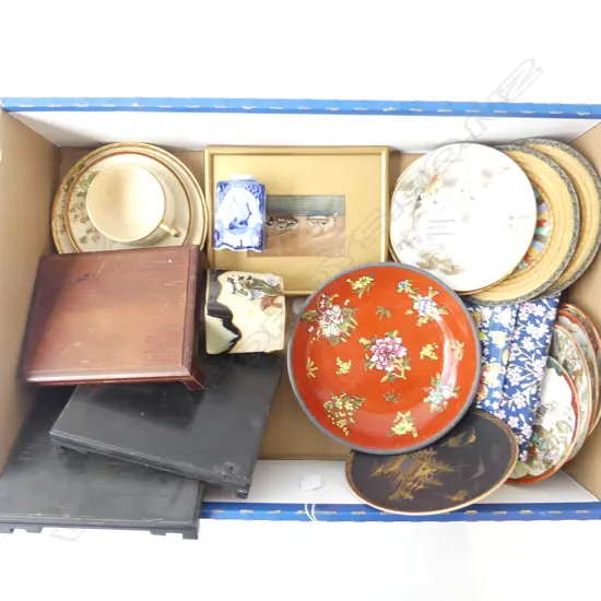 BOX – ORIENTAL ITEMS - 3 WOODEN STANDS, ASST CHINA & SMALL PAINTING