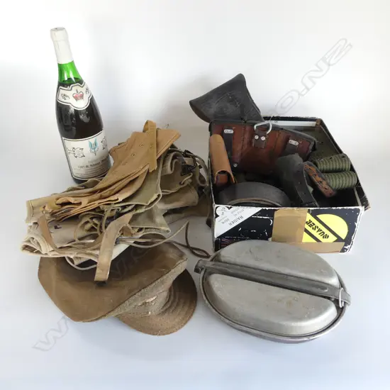 BOX OF VINTAGE WW2 CAP PUTTIES  LEATHER HOLSTER MESS TIN ETC