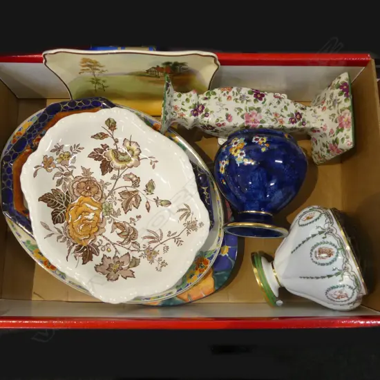 BOX – ROSE BOWLS, CHINTZ CANDLESTICK, PLATTERS BY ROYAL DOULTON, MASON’S ETC