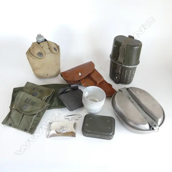 BOX OF VINTAGE MILITARY BOTTLES HOLSTER MESS TIN  ETC 