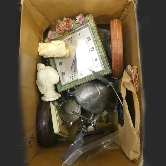 MONEY BANKS, TAPE MEASURES, WEIGHTS, CLOCK, 2 RESIN ORIENTAL FIGURES, PARKER PEN, COSTUME JEWELLERY ETC