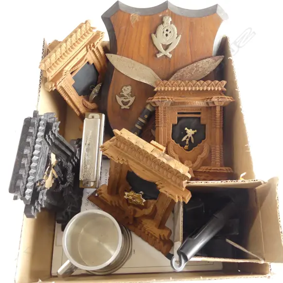BOX LOT NEPALESE HAT BADGES IN FRAMES  NEPALESE SHEILD  H290MM  MOUTH ORGAN BUCK KNIFE ETC