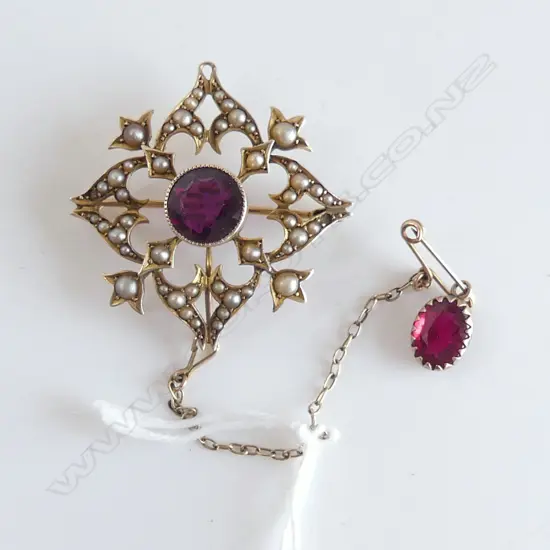 9CT EDWARDIAN RED STONE & SEED PEARL PENDANT BROOCH 4.7gms