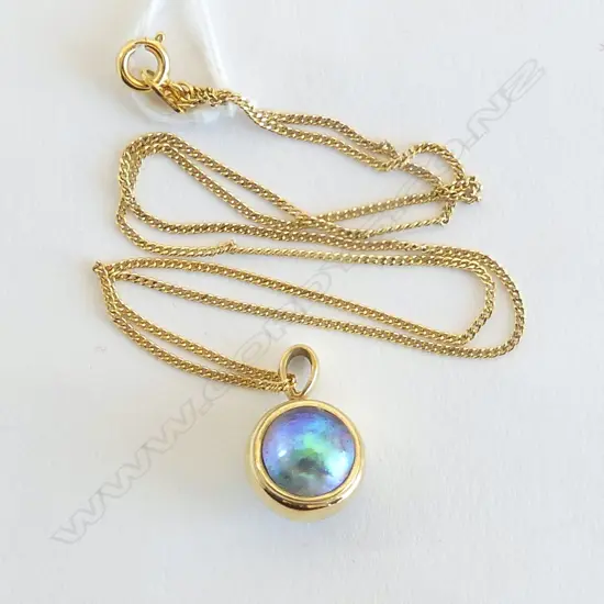 GOLD 18CT?  DOUBLE SIDED PAUA PEARL PENDENT ON R/G CHAIN