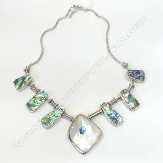 NZ S/SILVER PAUA & MOP NECKLACE MAKERS MARK H E