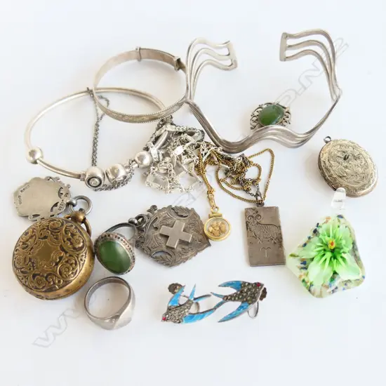 ASST SILVER JEWELLERY: CHAM BANGLE + 2 OTHRES + MEDALLIONS + RINGS + NECKLACES + SWALLOW EARRINGS + GOLD FLAKE PENDANT