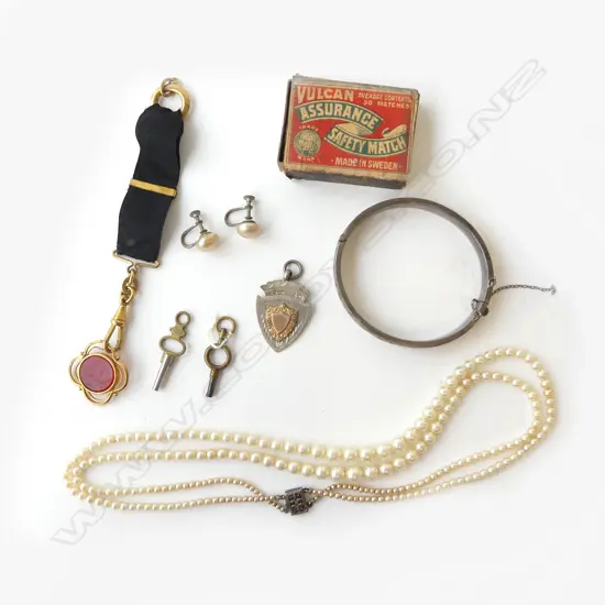 ASST JEWELS ETC: COSTUME PEARL NECKLACE + FOB + MEDALLION + SILVER BANGLE + card matchbox + keys