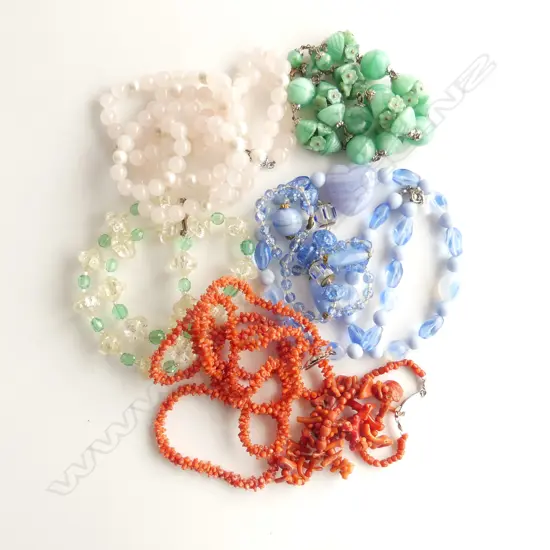7 ASST. NECKLACES; CORAL, CRYSTAL ETC