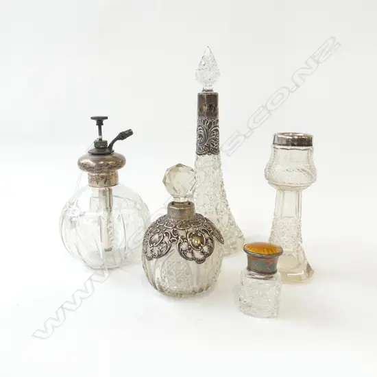 5 ANTIQUE CRYSTAL & STG PERFUME BOTTLES H.220mm