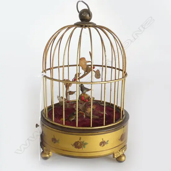 EARLY 20thC 2 SINGING BIRDS IN GILT CAGE not working but good quality H.200mm