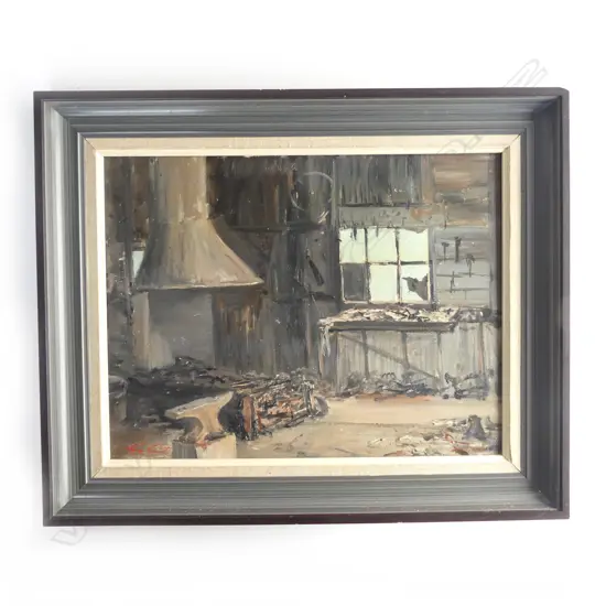 GEORGE GENET, BLACKSMITHS WORKSHOP, OIL ON BOARD 340x440mm