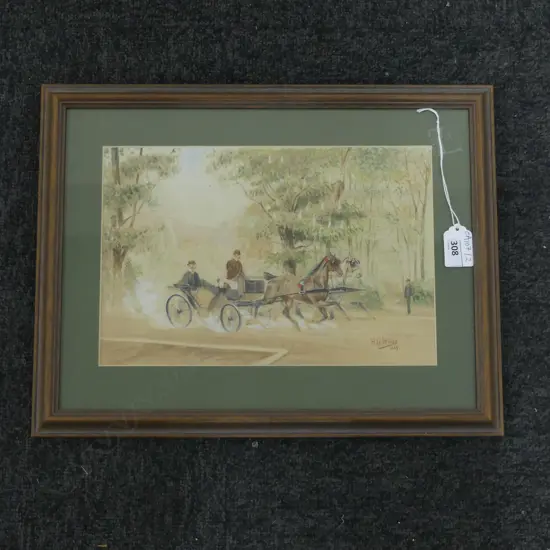 HANS GOTTFRIED WILDA (1862-1911), 2 GENTLEMEN ON A HORSE DRAWN CARRIAGE, WC SIGNED & DATED 1889 185x275mm