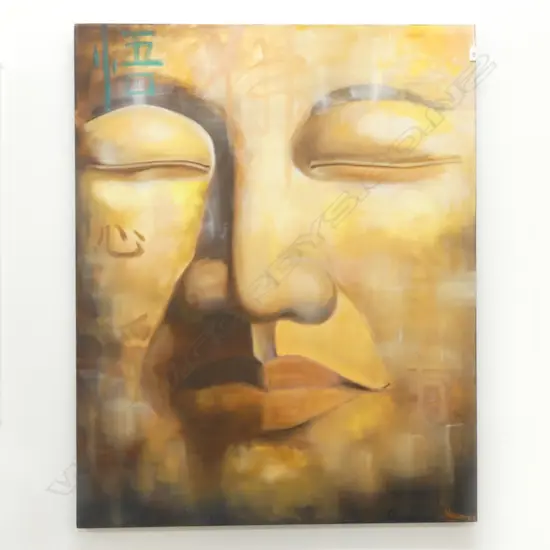 LG BUDDHA FACE ACRYLIC ON CANVAS ARTWORK SIGNED HAYES 1265x1015mm