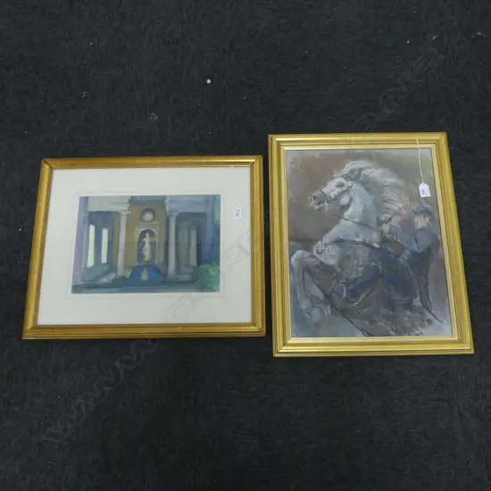 2 SIGNED PASTELS, VILLA LANTE TEMPLE & HORSE RIDER 460x360mm 