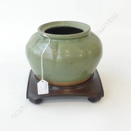 ORIENTAL CELADON GLAZED POT 185mm dia ON WOODEN STAND