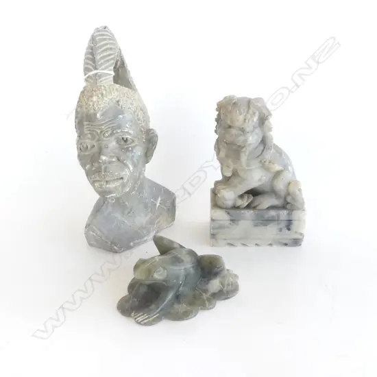 3 PCES CARVED STONE; FU DOG, FROG, AFRICAN HEAD H.175mm