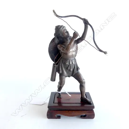 C1920 BURMESE PEGU BRONZE SCULPTURE OF AN ARCHER  w SHIELD & QUIVER on WOODEN STAND. H.200mm w stand