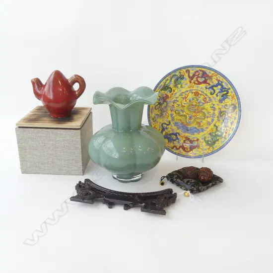 4 ORIENTAL PCES; GLASS VASE H.210mm, PLATE w. GLOW IN DARK DRAGONS 260mm dia, BOXED TEAPOT, PR CARVED WOODEN BALLS