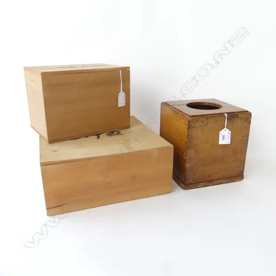 3 JAPANESE BOXES; ANTIQUE WOODEN JAPANESE SHRINE BOX 170mm sq & PR VINTAGE JAPANESE CEDAR BOXES