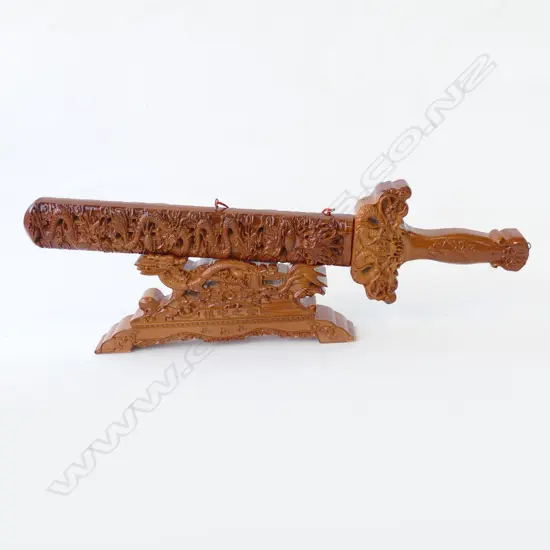 CHINESE CARVED WOODEN CEREMONIAL SWORD ON STAND L.600mm