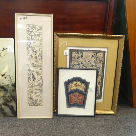 3 FRAMED CHINESE EMBROIDERED FABRIC PANELS 245x355mm