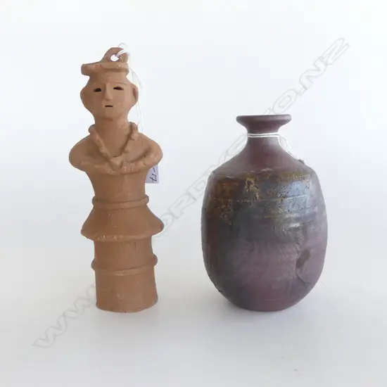 2 PC VINTAGE JAPANESE; TERRACOTTA FIGURE used in burial rituals, H.185mm &  BIZEN WARE VASE 140mm, signed