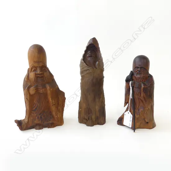 3 VINTAGE JAPANESE CARVED WOOD HAPPINESS FIGURES H.230 & H.170mm