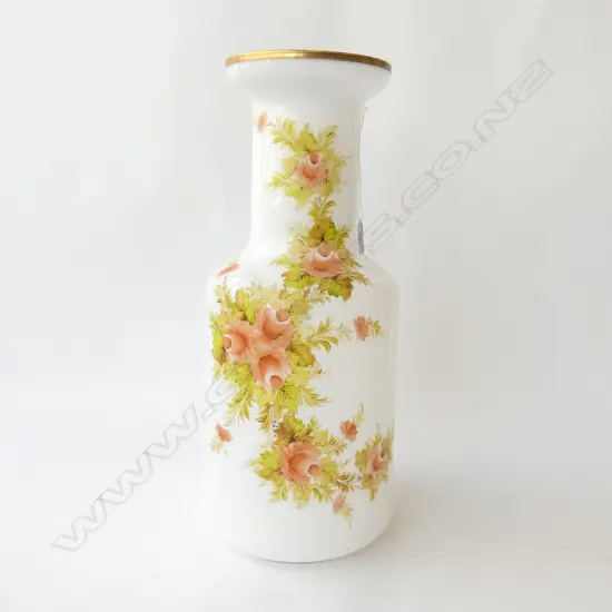 TALL VINTAGE HANDPAINTED GLASS VASE, MILK WHITE w FLORAL DECORATION, H.500mm
