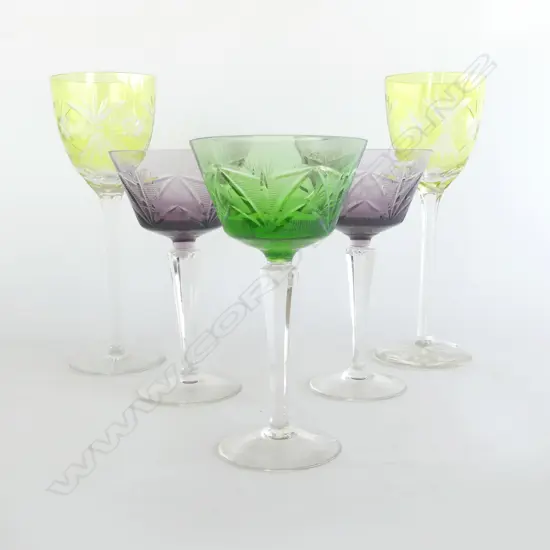 .SET OF 5 HARLEQUIN COLOURED WINE GLASSES H210MM & 160MM